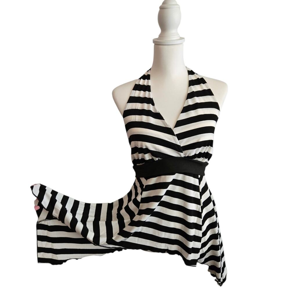 Y2K Babydoll Emo Fairy Grunge Black + White Striped Halter Top 1XL Asymmetric